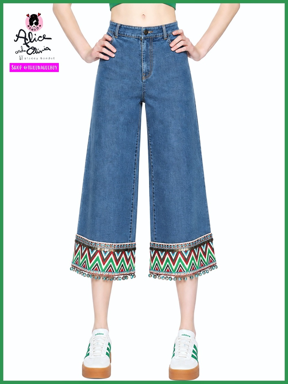 Alice + Olivia Beta Wide Leg Embroidered Gaucho Denim Jeans Pant